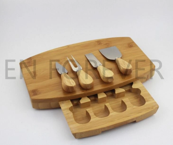 3 Layers Horizontal Press Bamboo Cutting Board With Knife Set For Cheese, Bread, Pizza.